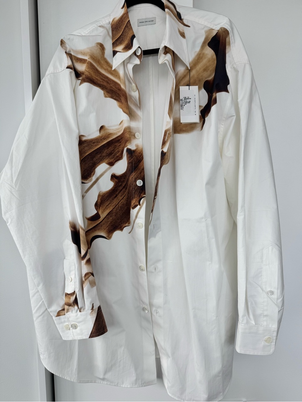 Dries Van Noten White Shirt with Brown Brushstroke Print